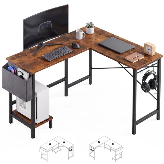 edx L Shaped Computer Desk with Storage Bag and CPU Holder, 50 Inch Office Desk Reversible Corner Design, Heavy Duty Computer Workstation Table for Gaming, Office and Study