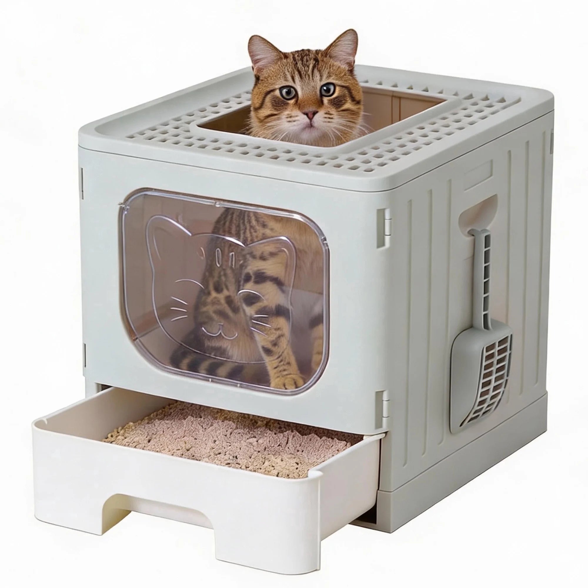EDX Large Foldable Cat Litter Box with Lid, Enclosed Anti-Splashing Cat Box with Litter Scoop, Front Entry Top Exit Kitty Litter Box with Door, Drawer Design, Easy Cleaning & Odor Control