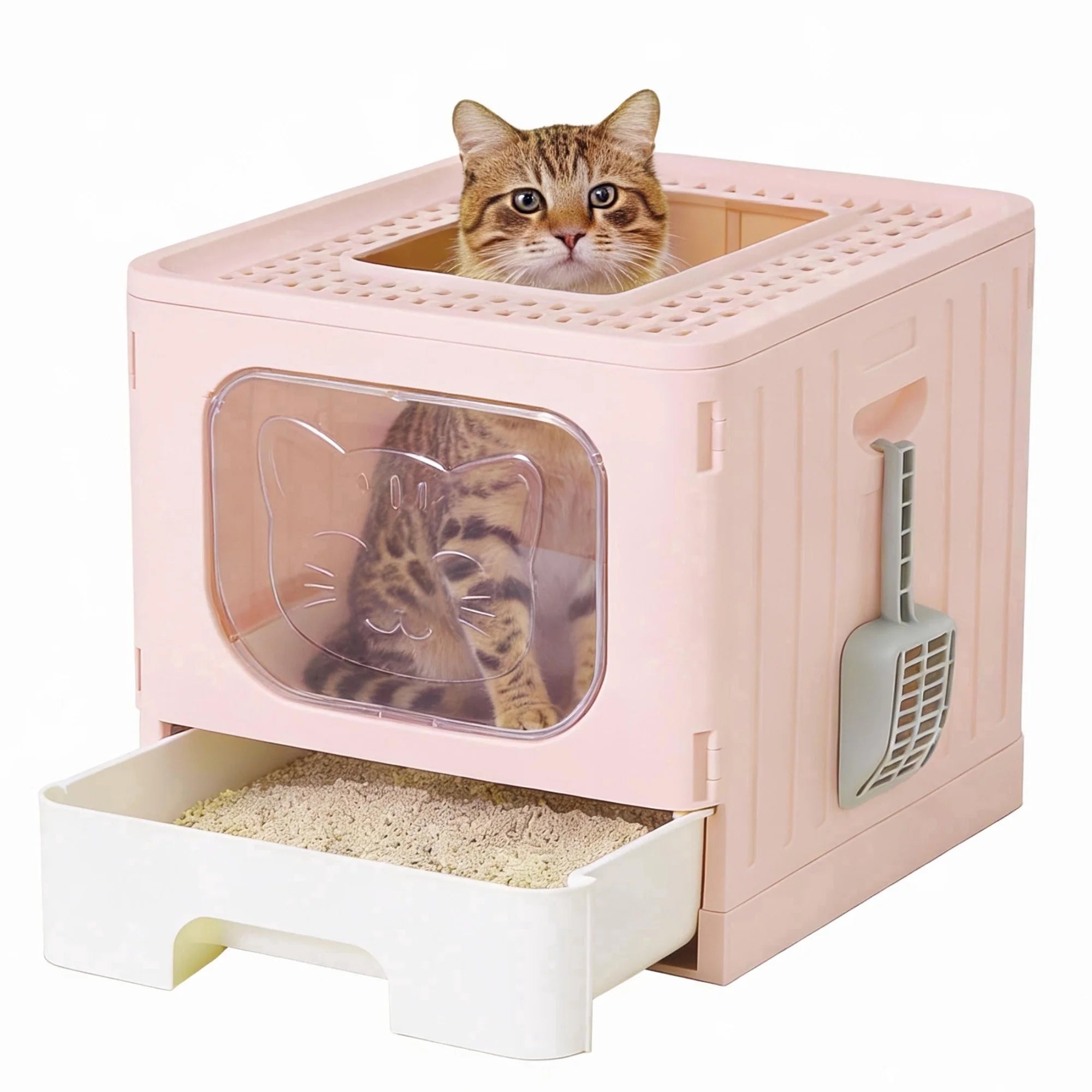 EDX Large Foldable Cat Litter Box with Lid, Enclosed Anti-Splashing Cat Box with Litter Scoop, Front Entry Top Exit Kitty Litter Box with Door, Drawer Design, Easy Cleaning & Odor Control