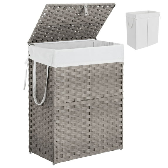 edx Laundry Basket with Lid, Hand-Woven PP Rattan Laundry Basket with Handle, Foldable, Removable Liner