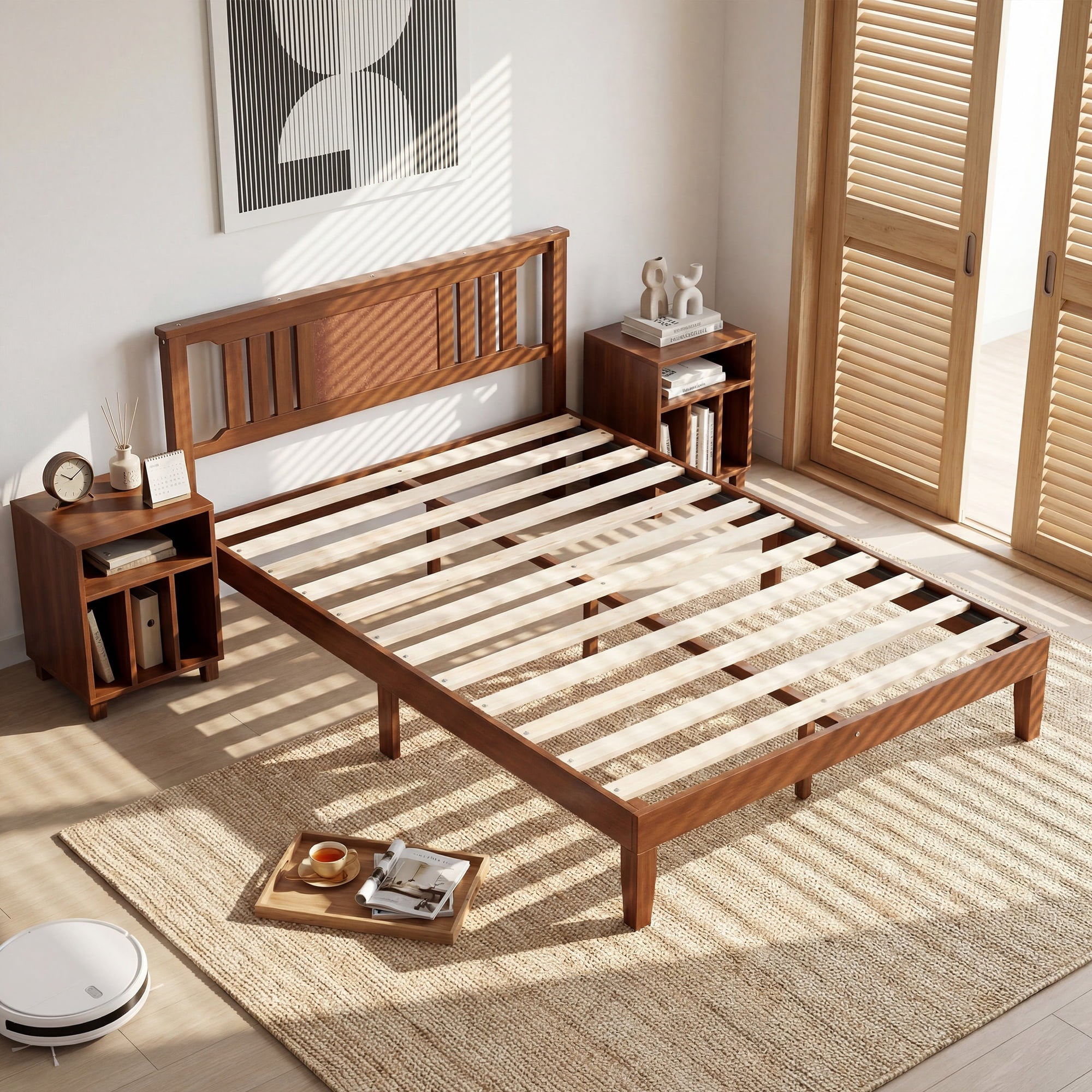 edx Mid Century Solid Wood Platform Bed with Headboard, Bed Frame with Wood Slat Support, No Box Spring Needed, Walnut Finish