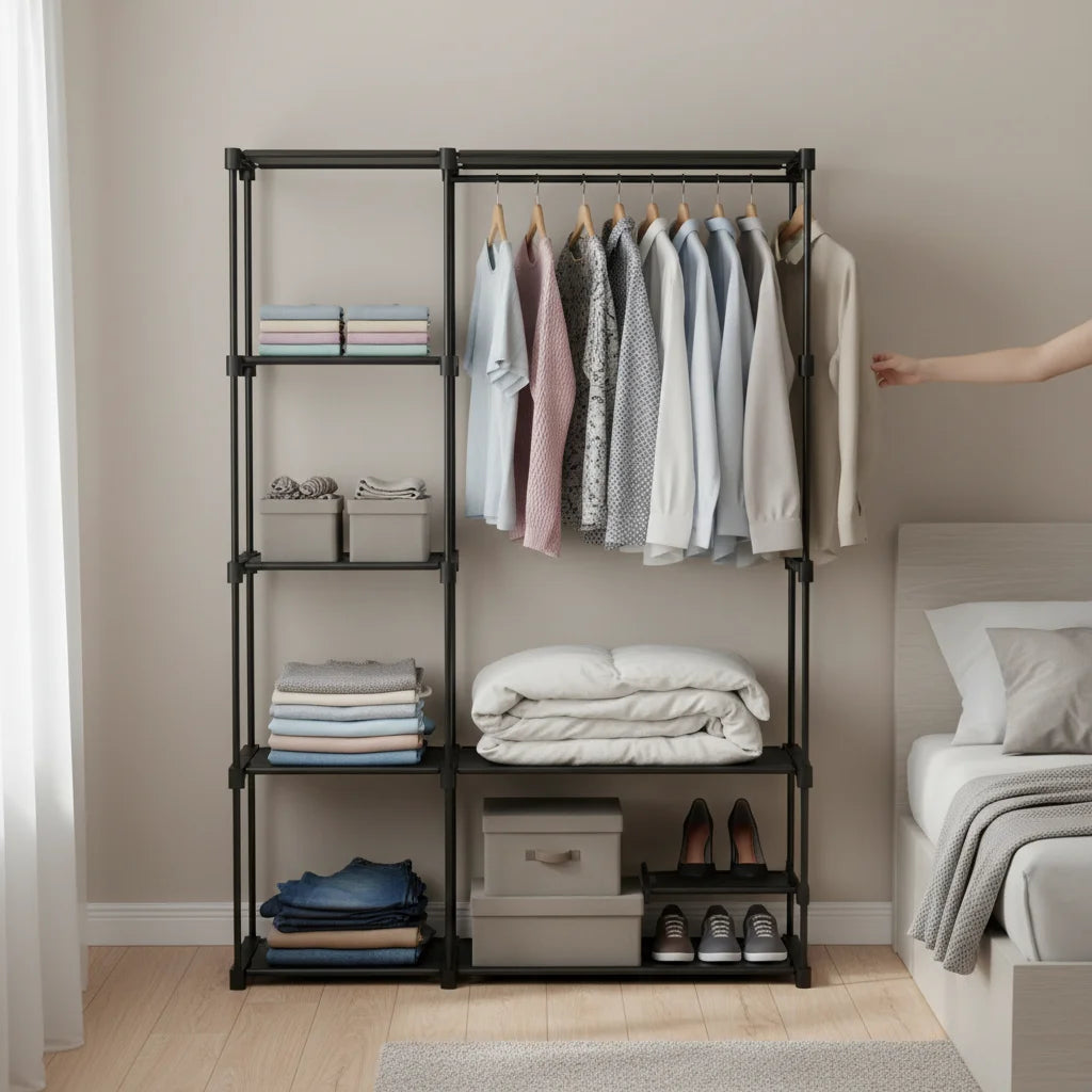 edx Portable Closet, Freestanding Closet Storage Rack with Shelves, Hanging Rod & Storage Shelves