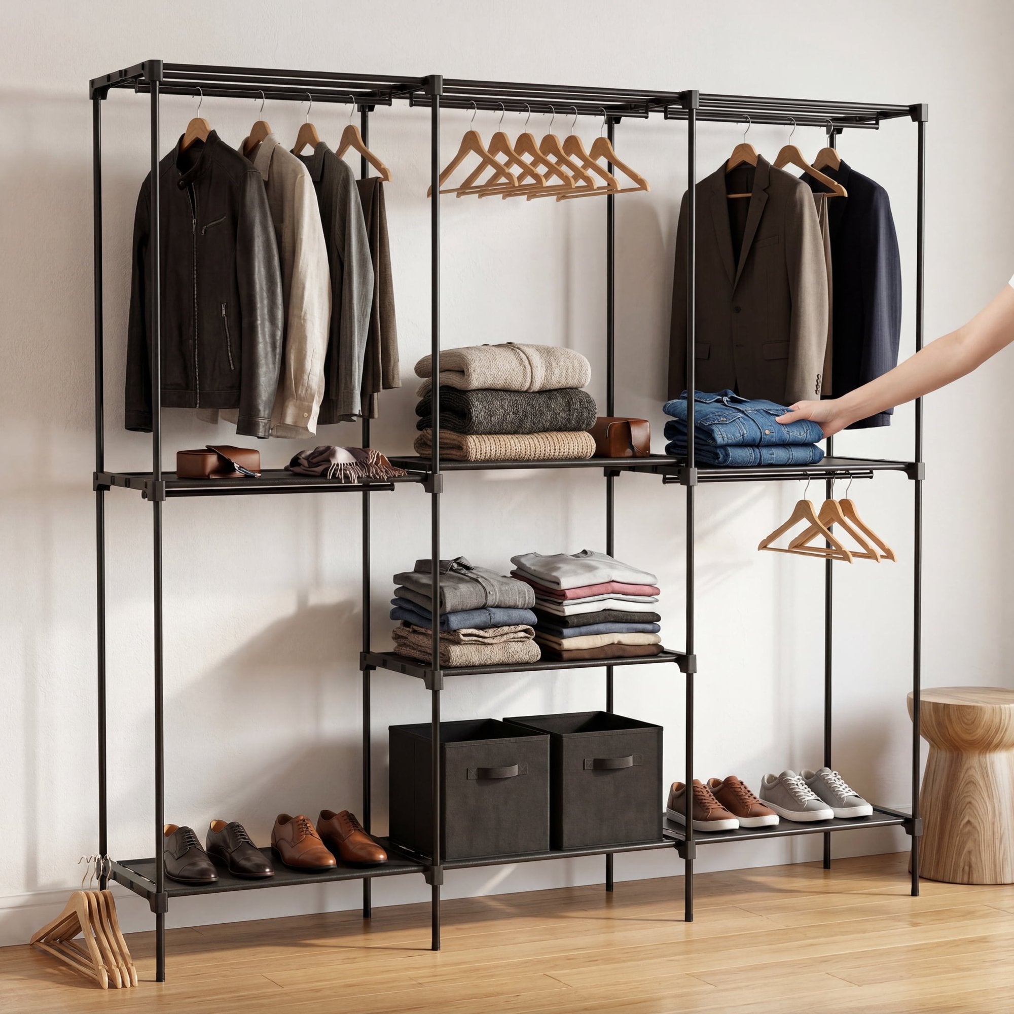 edx Portable Closet Wardrobe with Cover, 40 Inch Gray Heavy Duty Clothes Storage Organizer with Shelves and Hanging Rod for Bedroom, Living Room, Entryway