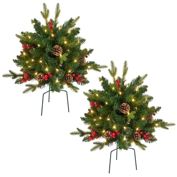 edx Pre-Lit Christmas Tree Urn Filler, 24 Inch, 50 Warm White LED Lights, 8 Lighting Modes, 6-Hour Timer, Pinecones & Red Berries, Indoor Outdoor Holiday Decor