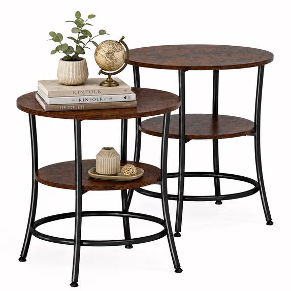 edx Set of 2 2‑Tier Round Side Table Nightstand, Steel Frame, Wood Grain for Living Room & Bedroom Small Spaces