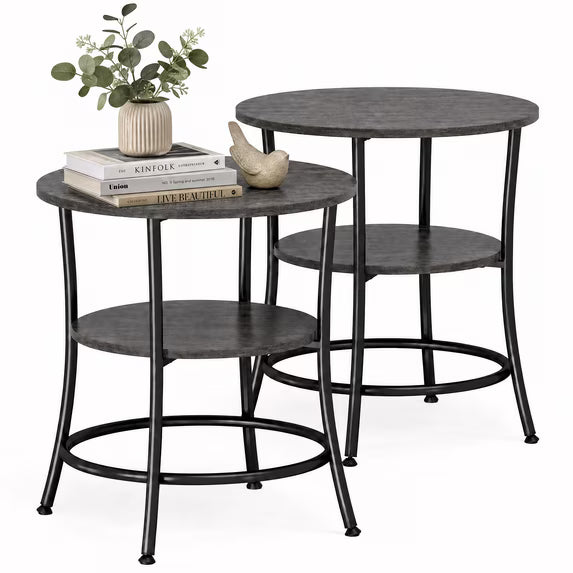 edx Set of 2 2‑Tier Round Side Table Nightstand, Steel Frame, Wood Grain for Living Room & Bedroom Small Spaces