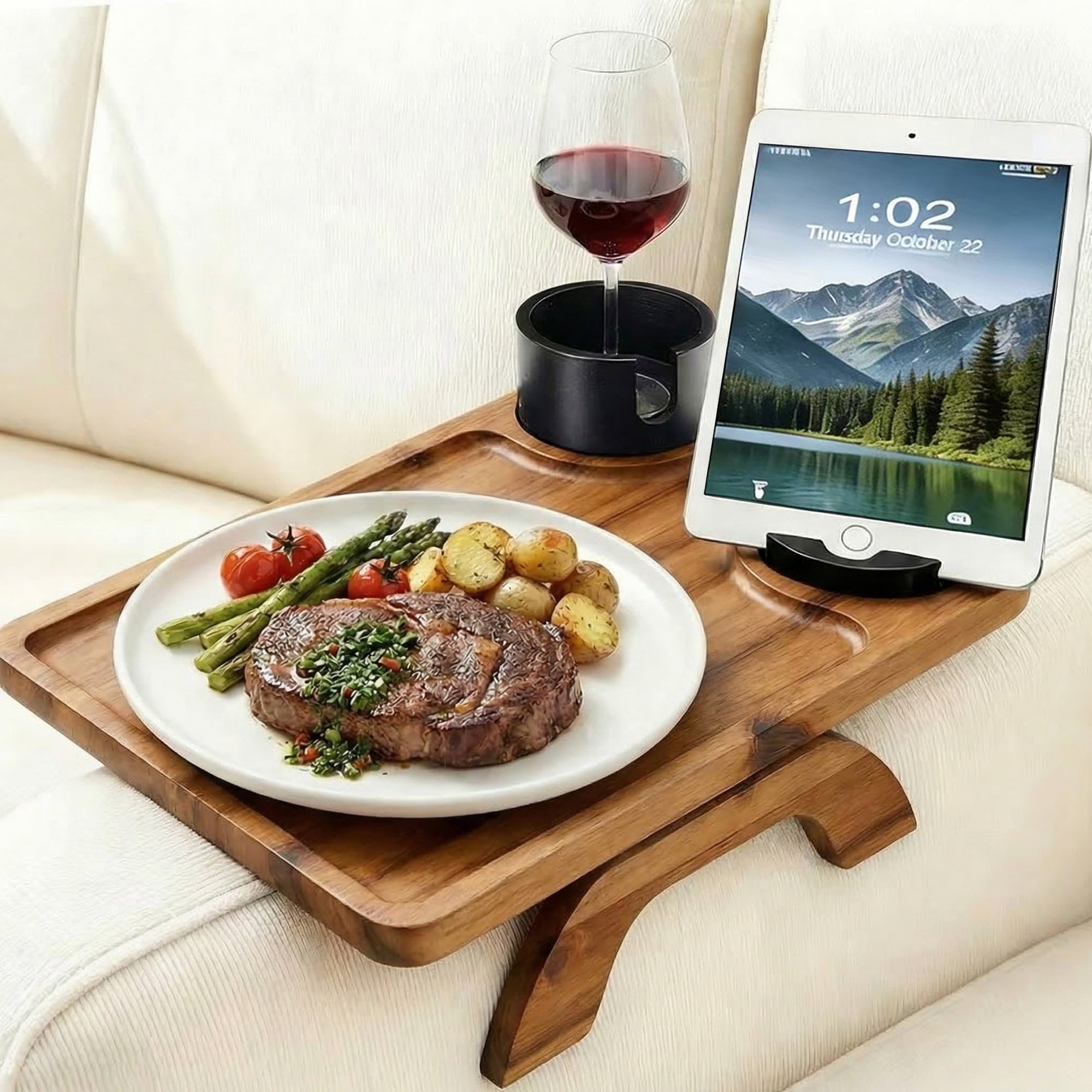 EDX Acacia Wood Sofa Tray Table, 3-in-1 Organizer with Rotating Phone Holder and Cup Slots for Couch, Bed, Recliner