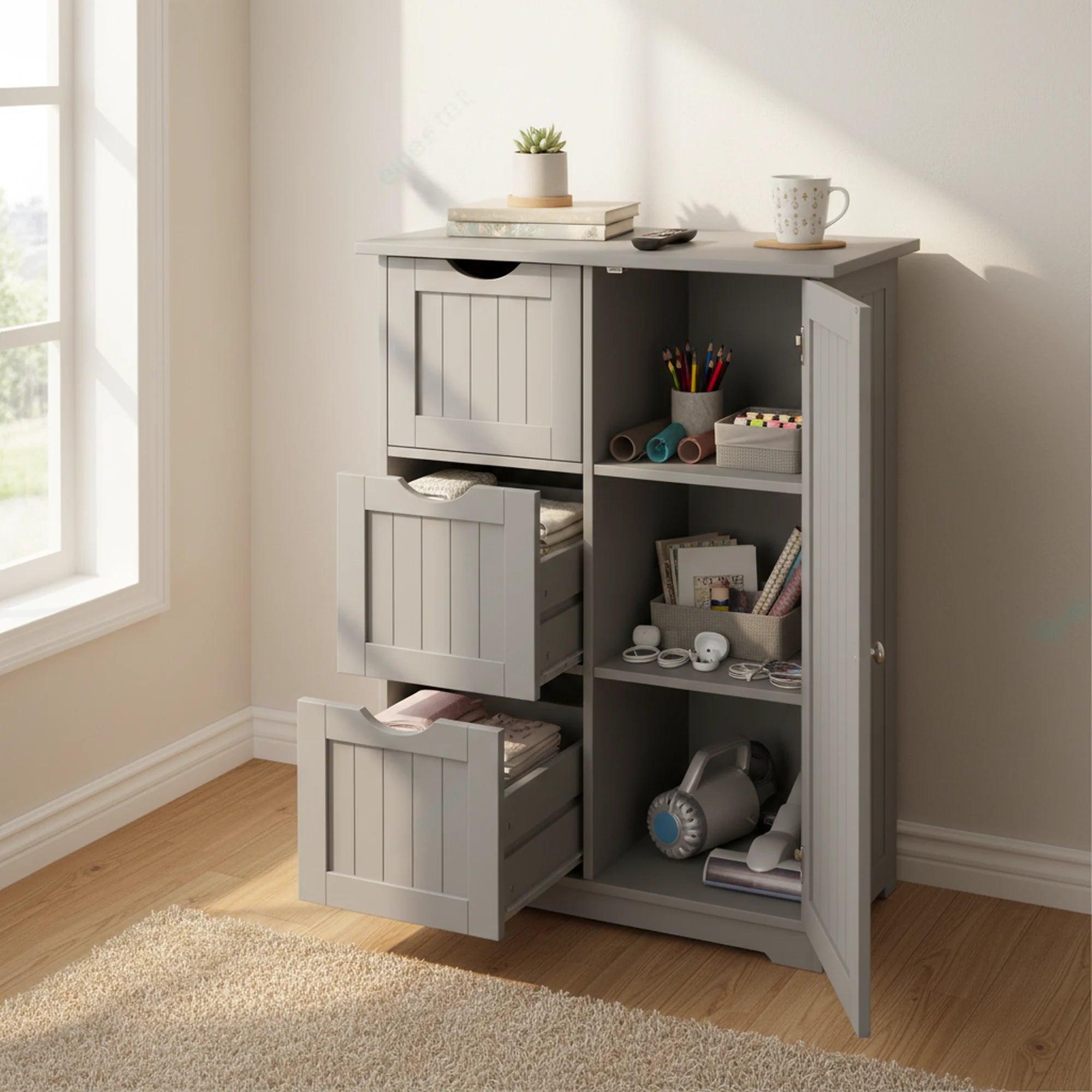 edx Wooden Storage Cabinet with 3 Drawers and a Cupboard, Modern Cupboard for Bathroom, Living Room, Office, Gray
