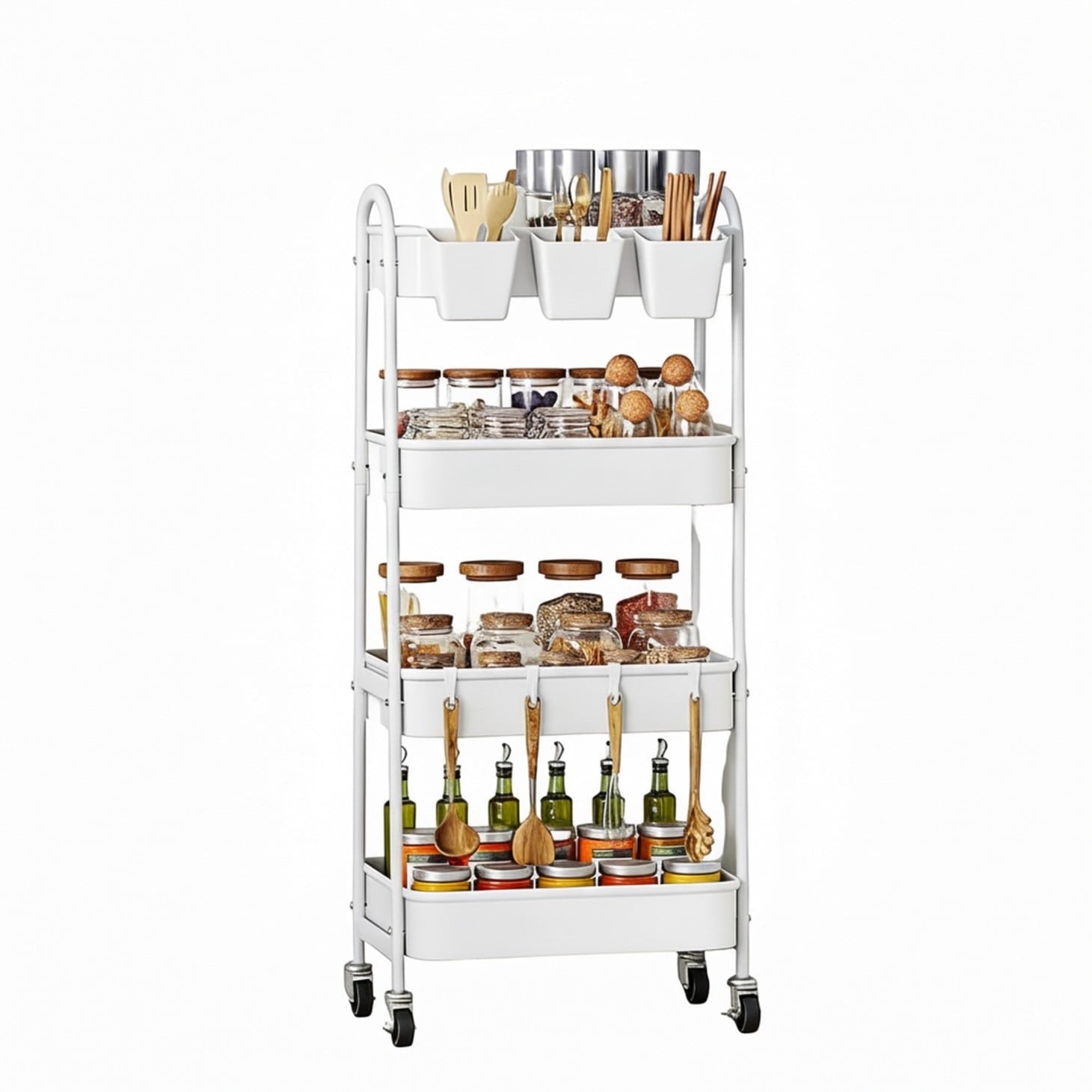 EDX 4-Tier Rolling Cart, 132 lbs Metal Utility Cart Storage Organizer with Lockable Casters, Multi-Functional Mesh Rolling Storage Cart for Kitchen Office