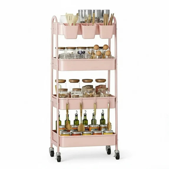 EDX 4-Tier Rolling Cart, 132 lbs Metal Utility Cart Storage Organizer with Lockable Casters, Multi-Functional Mesh Rolling Storage Cart for Kitchen Office