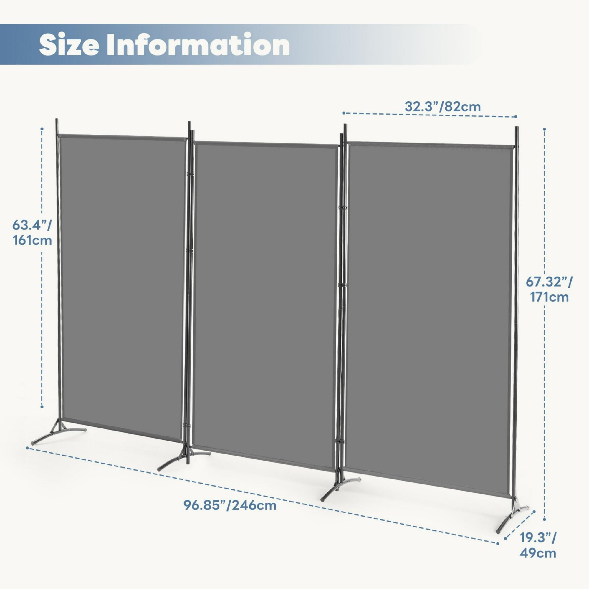 EDX 3 Panel Partition Room Divider, 6 Ft Tall Folding Privacy Screen with Steel Frame, Freestanding, Easy Move & Storage, For Home, Office, Bedroom, Grey