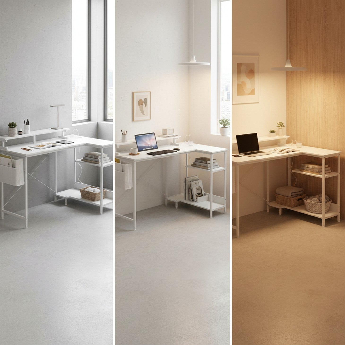 Edx L-Shaped Gaming Desk with USB-C Charging Ports, Smart LED Lights, 3 Storage Shelves & Monitor Stand Electric Corner Computer Desk for Home Office