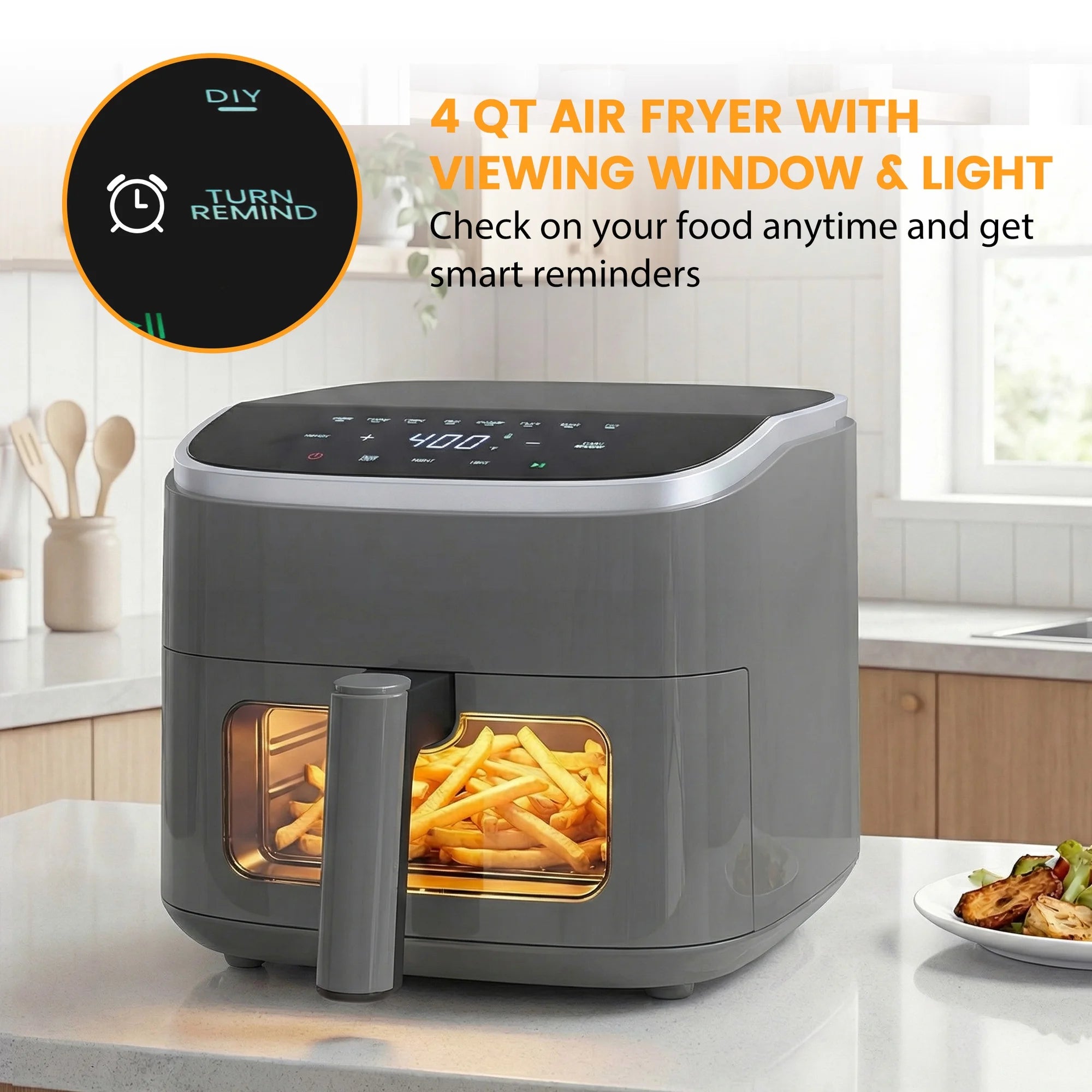 EDX 4QT Air Fryer, 1500W Digital Touchscreen with 8 Presets, Visible Window, Flip Reminder, Nonstick Dishwasher-Safe Basket