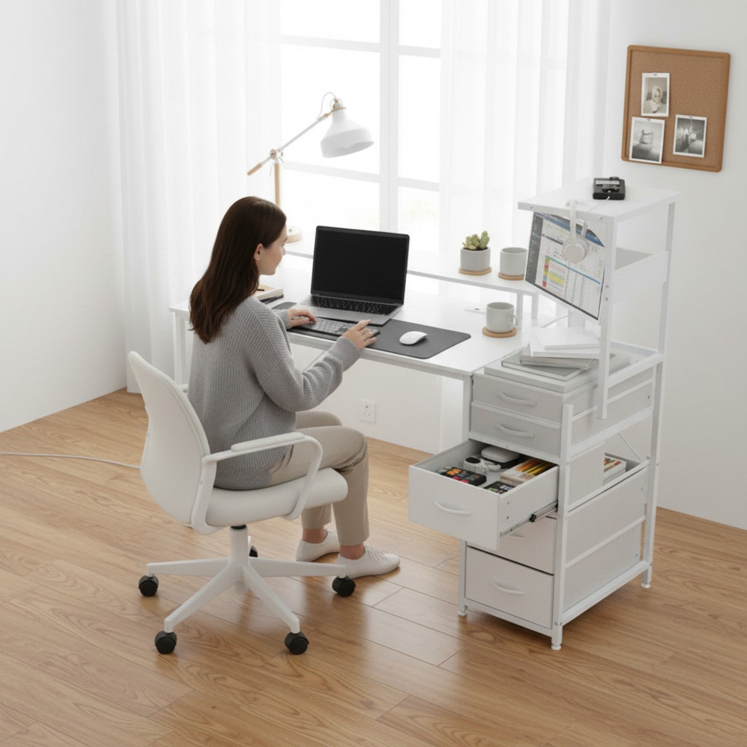 Edx Gaming Desk with Hutch & 3 Fabric Drawers, Computer Desk with USB Ports & LED Lights, Reversible Pc Gamer Table with Monitor Stand for Home Office