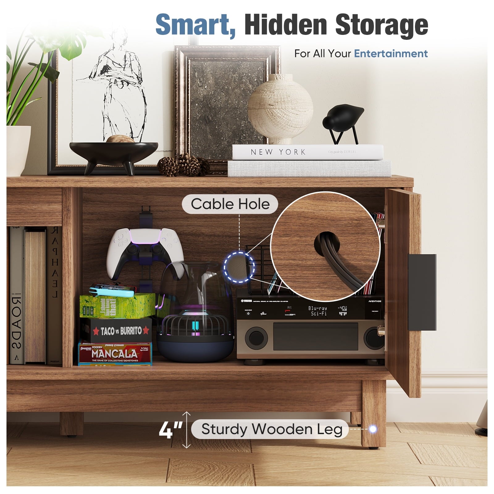 EDX Rattan TV Stand for 70" TV with Cabinets and Shelves