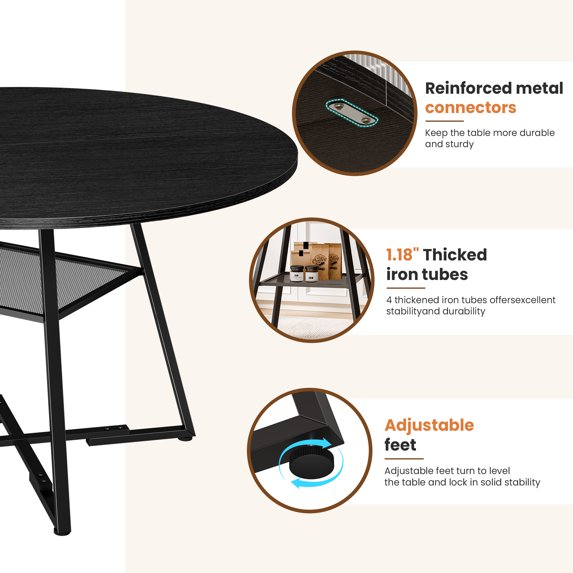 Round Dining Table for 4-6,&nbsp;Circle Kitchen Table with&nbsp;Pedestal Metal Frame Storage, Space Saving Farmhouse Wood Kitchen Table, for Kitchen, Living Room