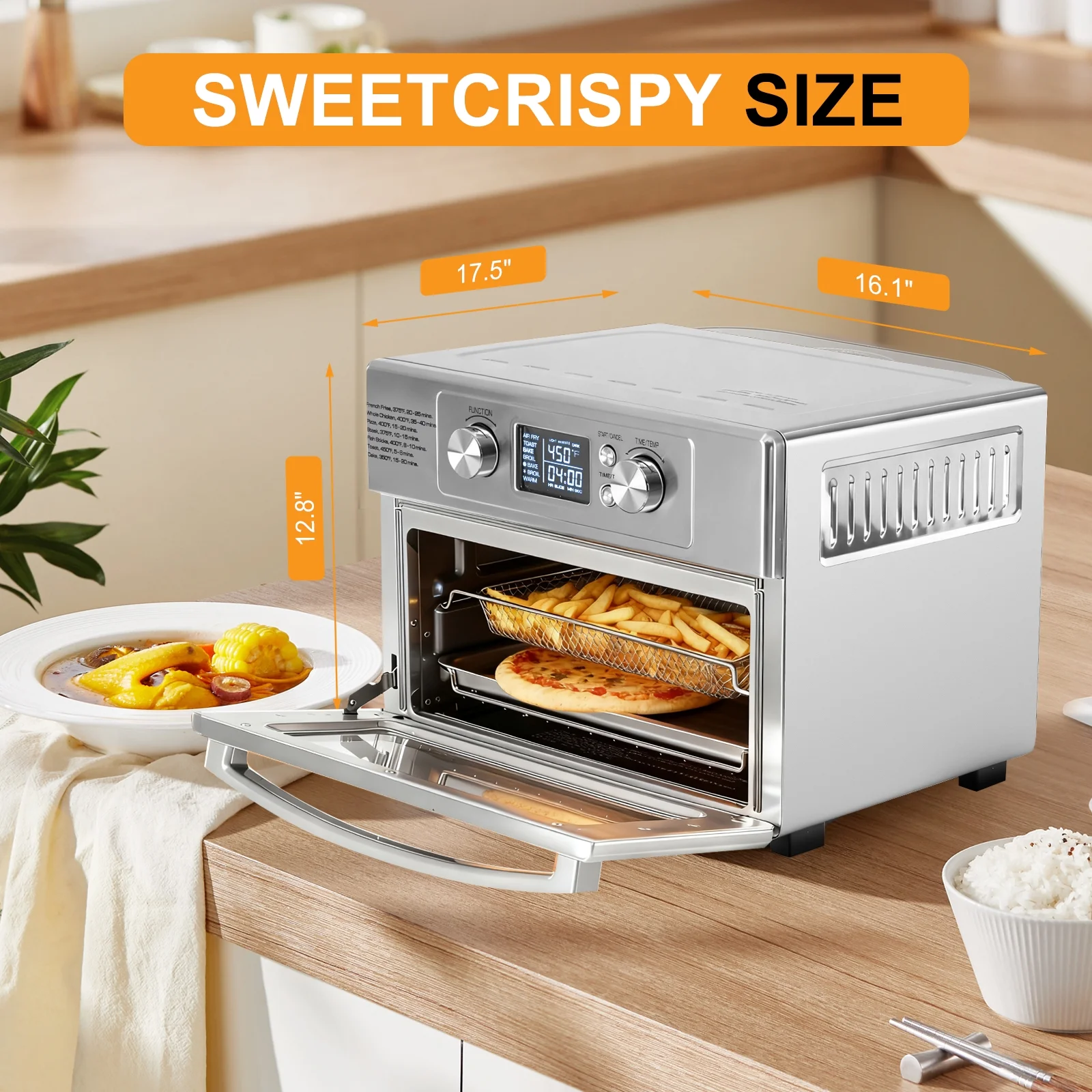 EDX 22L 1800W Electric Air Fryer Oven, 120V, 6 Stainless Steel Heating Elements, 450°F, 60-Minute Timer Control