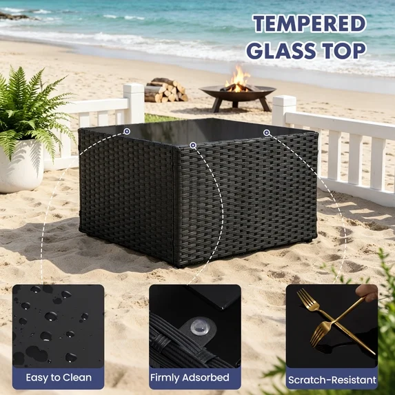 EDX 7 Piece Outdoor Wicker Patio Furniture Set, PE Rattan Sectional Conversation Set with Tempered Glass Coffee Table, Washable Cushions & Pillows for Backyard, Garden, Poolside