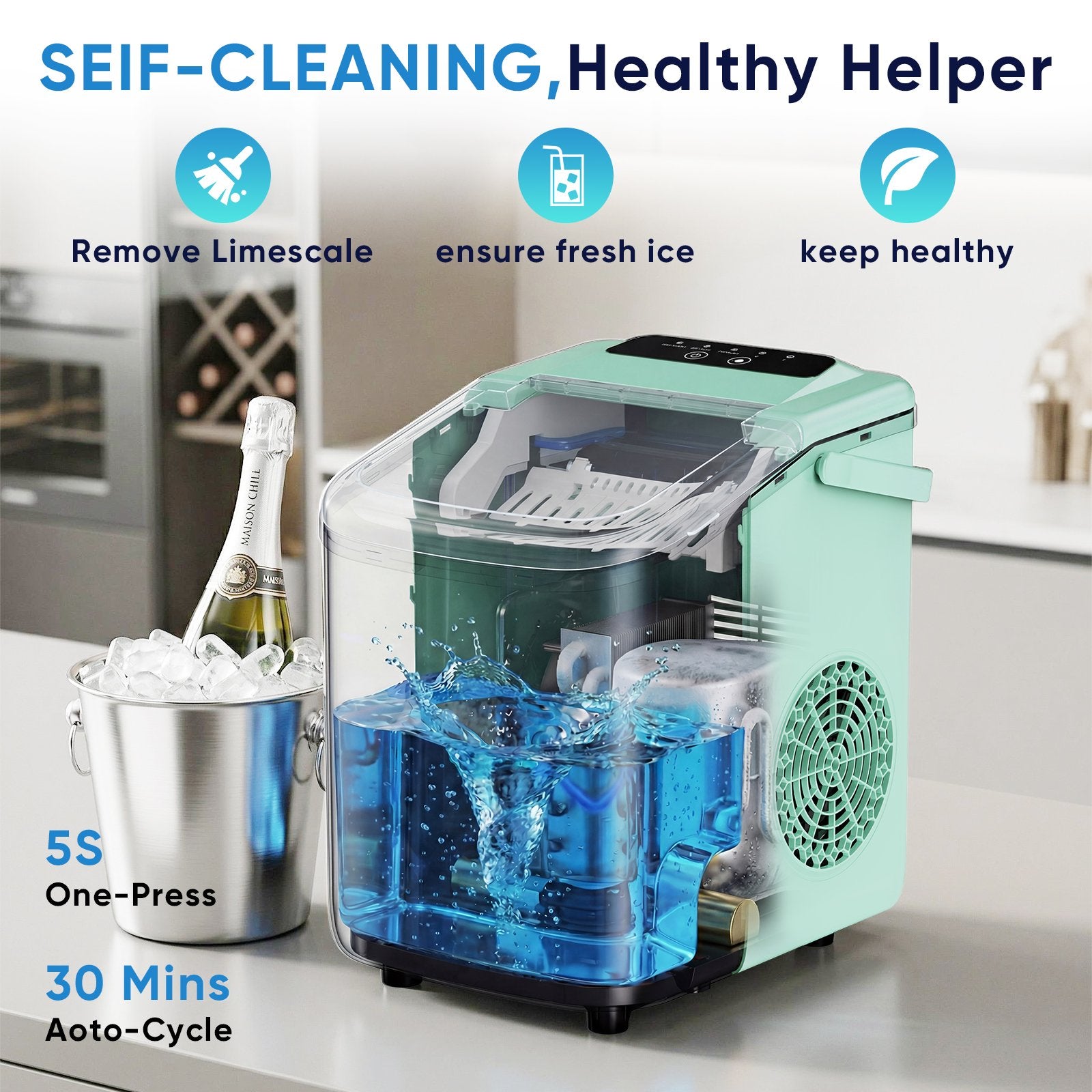 edx Ice Maker, Self-Cleaning Countertop Ice Maker, with Handle & Ice Scoop, 9 Bullet Cubes in 6~8 Mins, 26lbs Daily