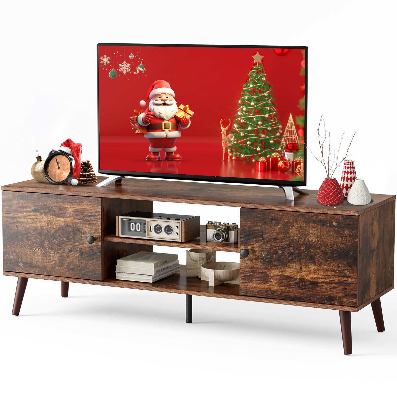 Wooden TV stand - for TVs up to 60 inches with adjustable shelves with double storage cabinets for living room, bedroom, patio, etc.