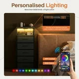 edx 5 Fabric Drawers Nightstand with Charging Station & USB/Type-C Ports and Outlets, Variable Light Strip Bedside End Table with Adjustable Feet for Bedroom, Black