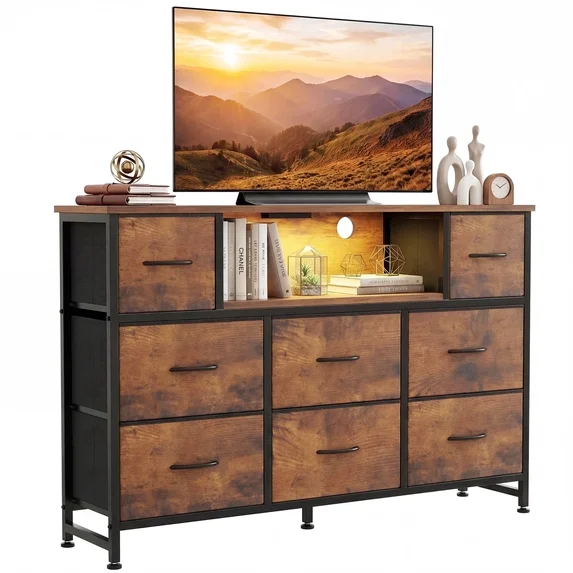 edx TV Stand with 8 Fabric Drawers, Open Shelves & LED & Power Outlets for Bedroom, Living Room, Entryway, Wood Top