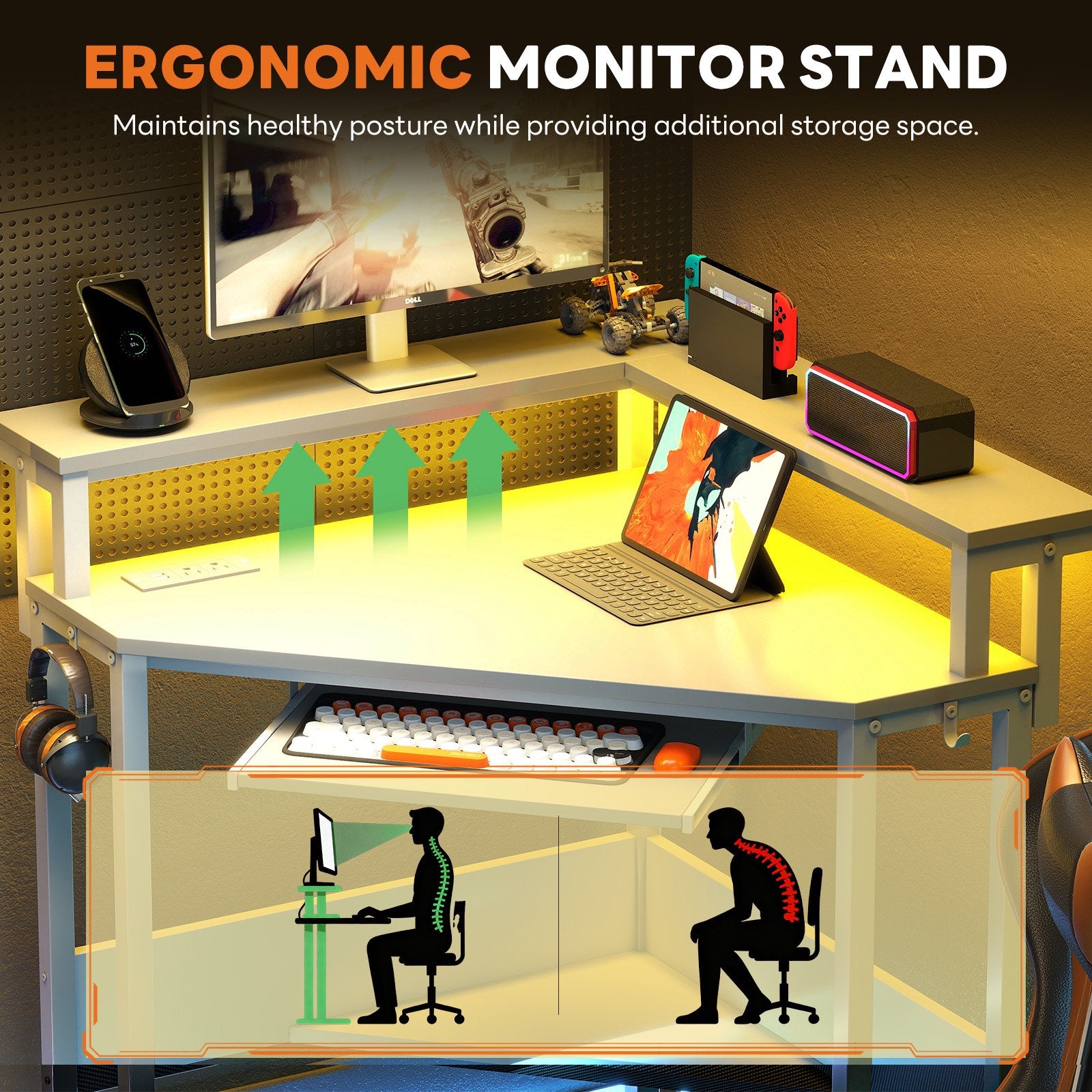 EDX Corner Office Gaming Desk 31 Inches L-Shaped Computer Desk with Charging Hub & Ergonomic Stand for Small Spaces