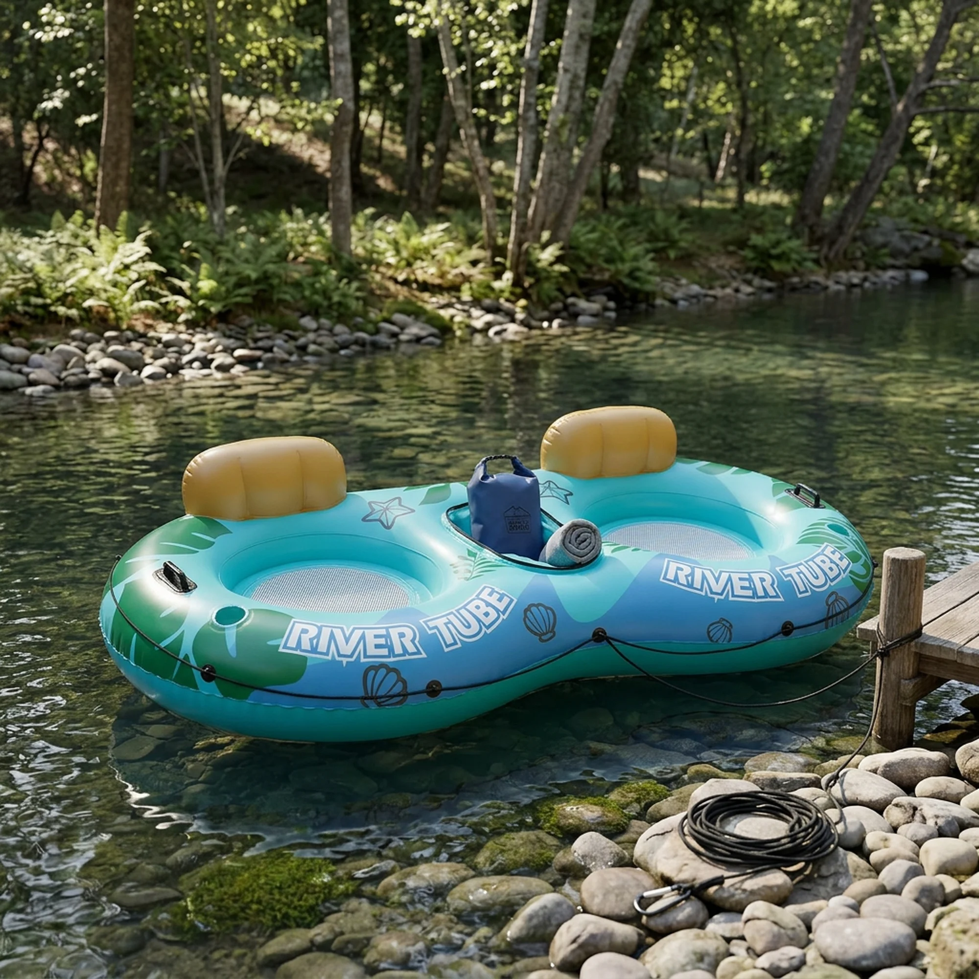 EDX Heavy-Duty 2-Person Inflatable River Raft for Adults,Floating Lounge with Cooler, 2 Cup Holders, Cool Mesh Bottom, Handles & Connectable Hook, Quick-Release Valve, UV- and Puncture-Resistant PVC
