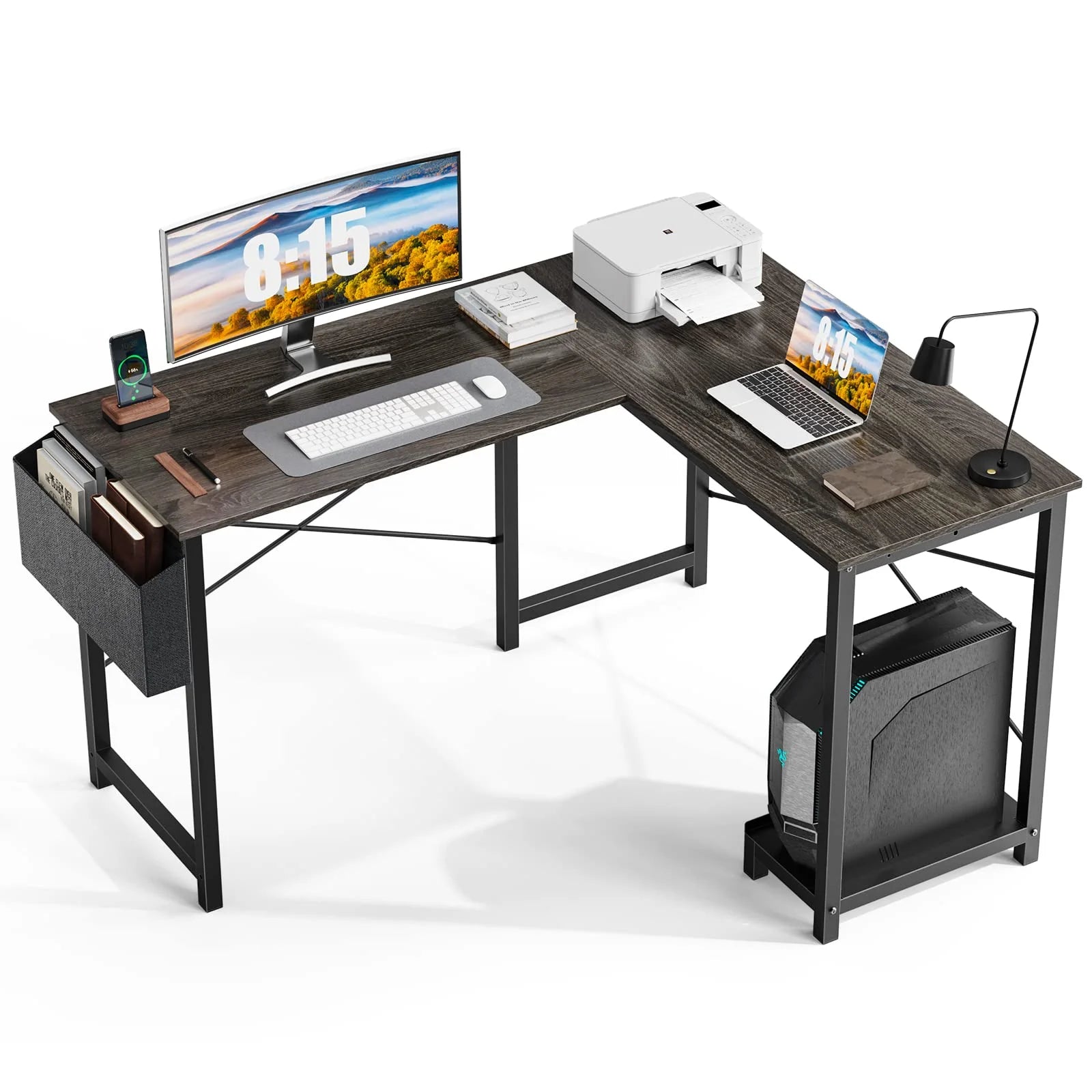 Office Desk, L Shaped Corner Computer Desk with Side Storage Bag and CPU Stand Shelf, 49 Inch