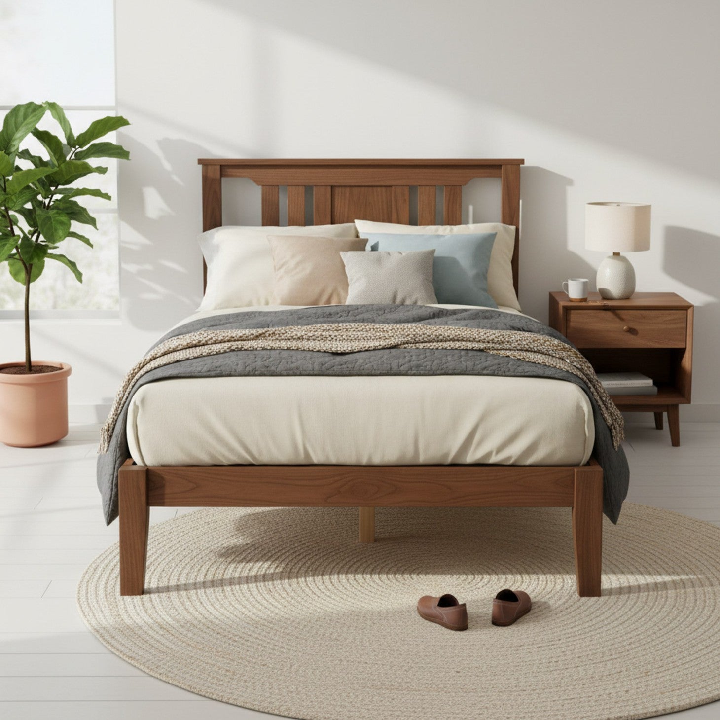 edx Mid Century Solid Wood Platform Bed with Headboard, Bed Frame with Wood Slat Support, No Box Spring Needed, Walnut Finish