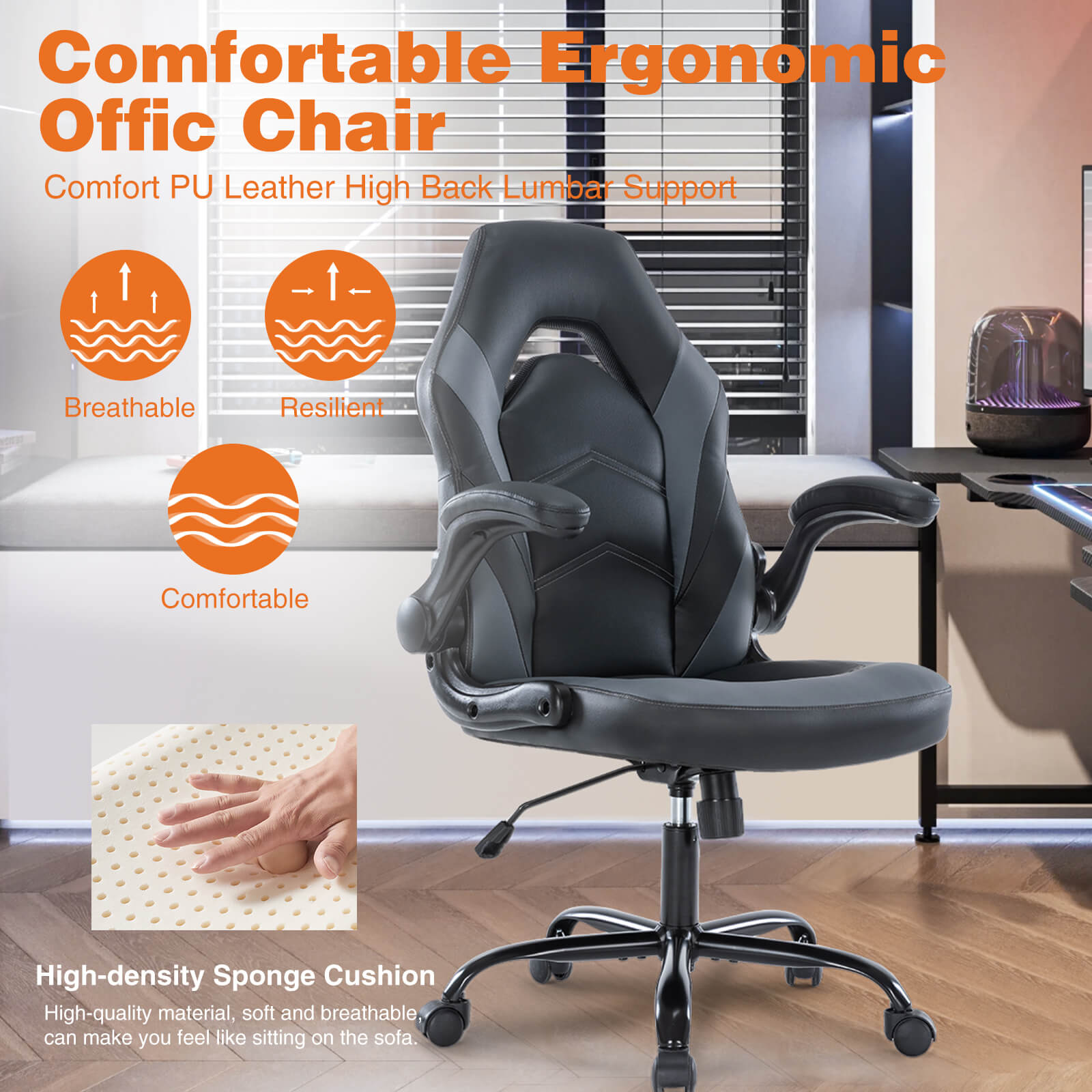 PU Leather Ergonomic Gaming Chair with Flip-up Armrests and Lumbar Support