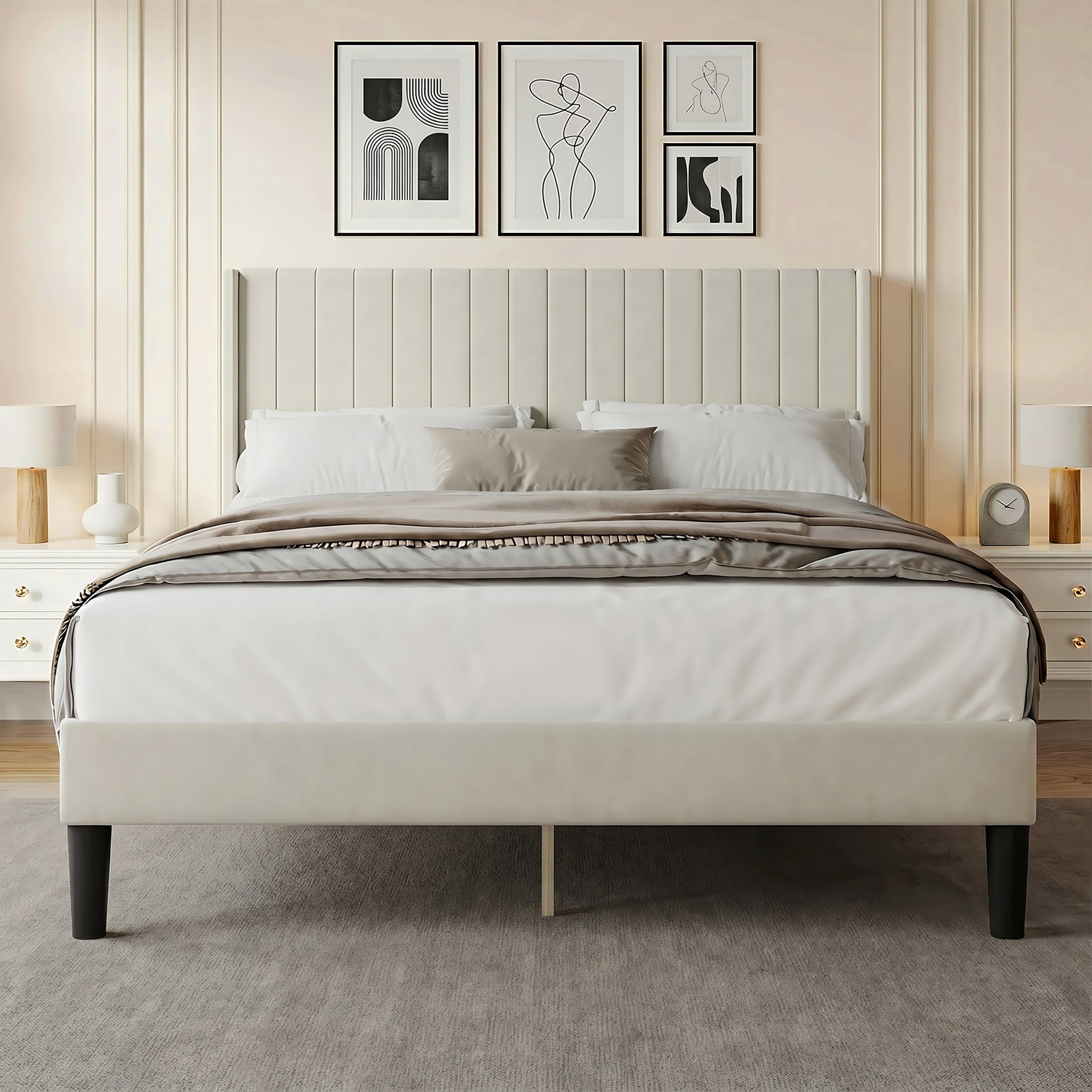 EDX Upholstered Platform Bed Frame with Padded Wingback Headboard, Modern Accent Bedroom Furniture