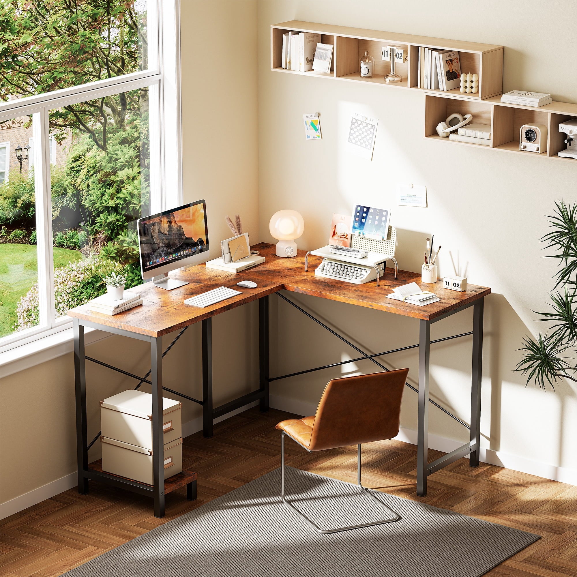EDX 39 Inch L Shaped Computer Desk with Power Outlet& LED Lights, Corner Gamer Desk Table with Storage Shelves & Monitor Stand, for Home Office