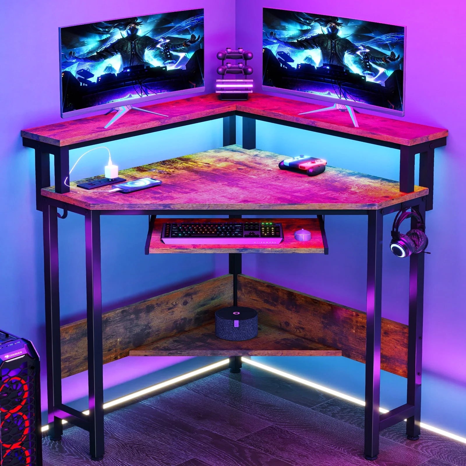EDX Corner Office Gaming Desk 31 Inches L-Shaped Computer Desk with Charging Hub & Ergonomic Stand for Small Spaces