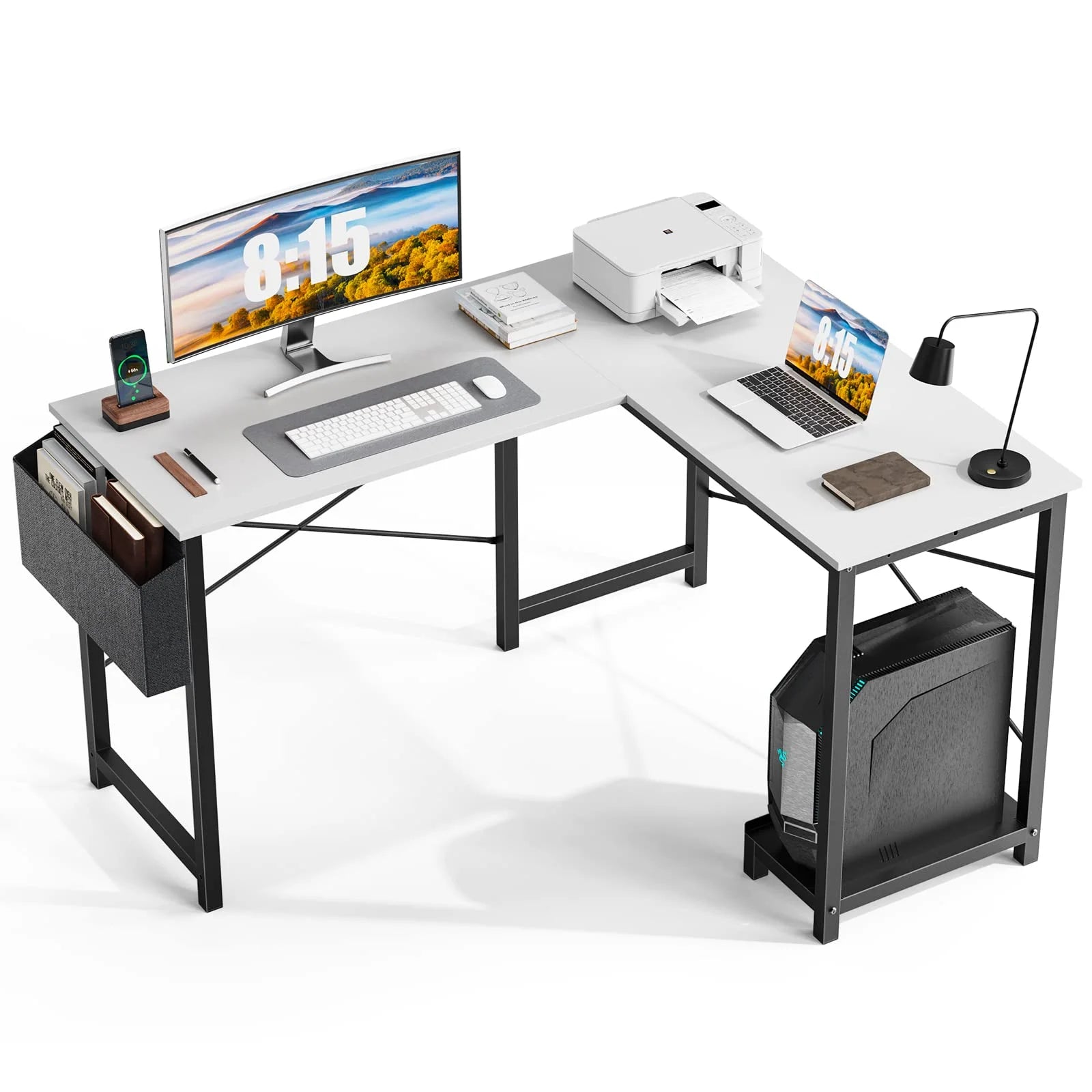 Office Desk, L Shaped Corner Computer Desk with Side Storage Bag and CPU Stand Shelf, 49 Inch