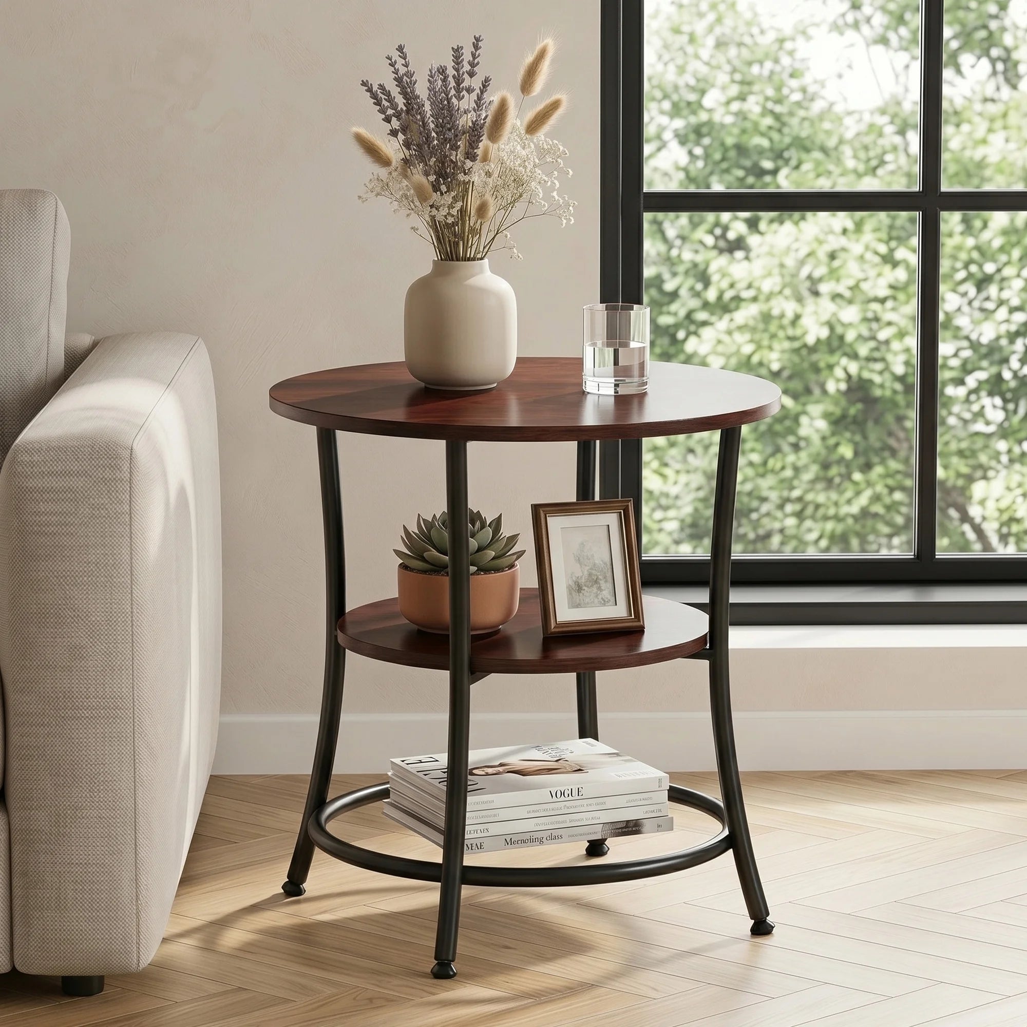 EDX 2-Tier Round Side Table Nightstand, 21.65" Diameter x 21.85" H, Steel Frame with Antiqued Wood Grain, for Small Living Room & Bedroom Spaces